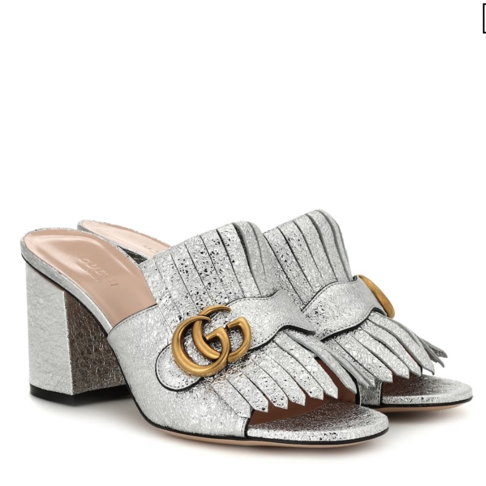 Gucci Marmont Silver Metallic Sandals/Mules